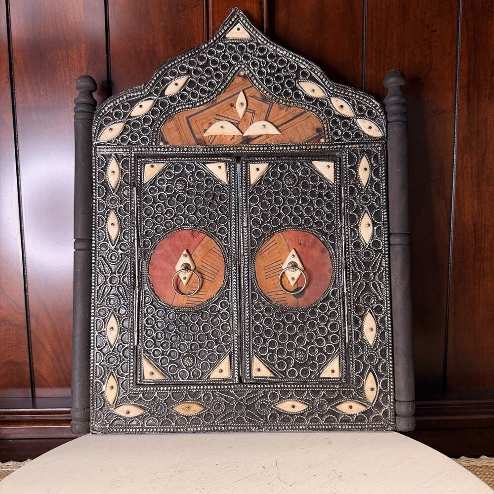 Vintage Moroccan Wall Mirror With Camel Bone Inlay, Leather, And Metalwork